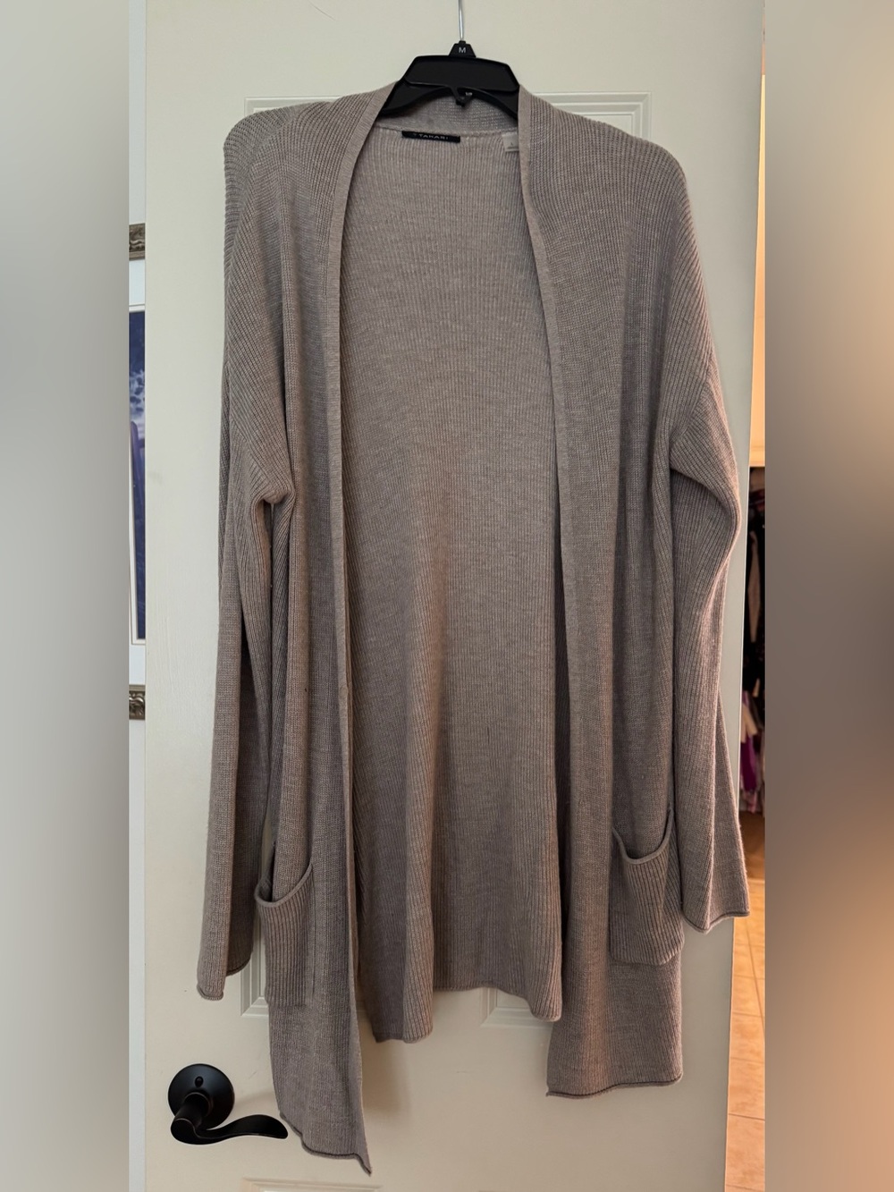 T Tahari Taupe Open-Front Long Cardigan